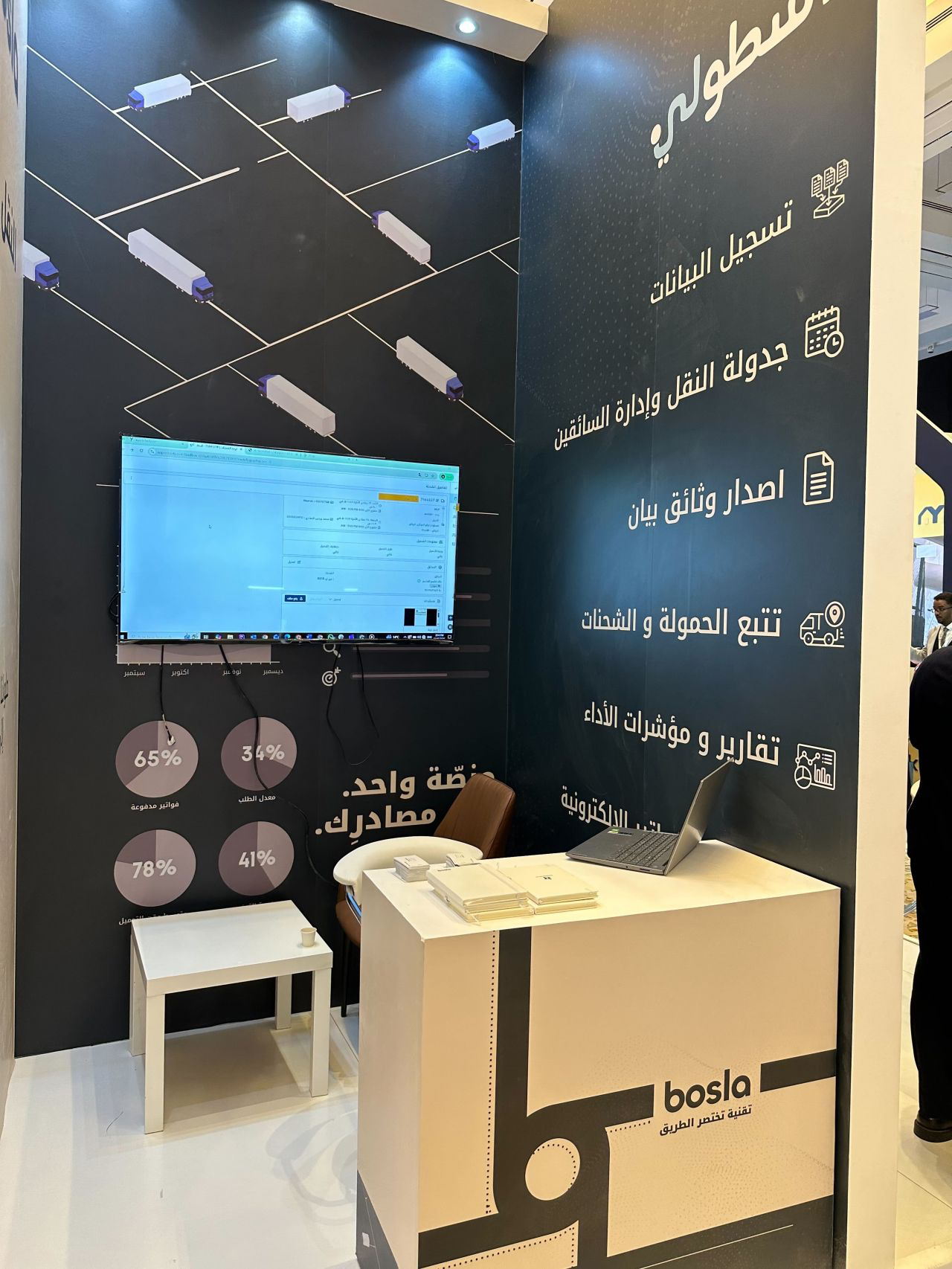 Bosla booth at the Supply Chain & Logistics Conference 2025, showing the platform on screen