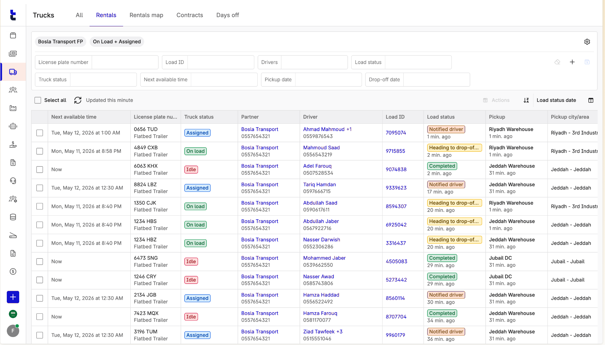 Bosla rentals — trucks on load and assigned with live load status